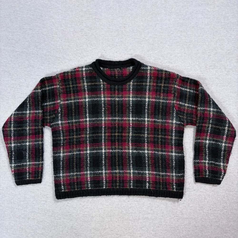 Vintage 90s Paul Harris Designs Mohair Blend Plaid Sweater Green Red